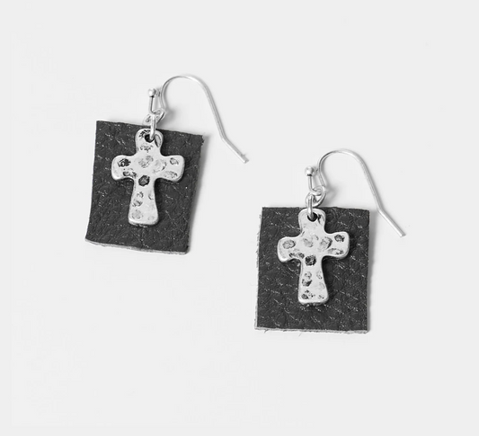 CROSS WITH LEATHER EARRINGS