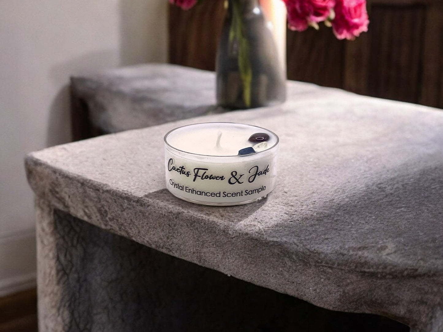 Cactus Flower and Jade, Premium Coconut-Soy Wax Tea Light Crystal Candle, 1oz