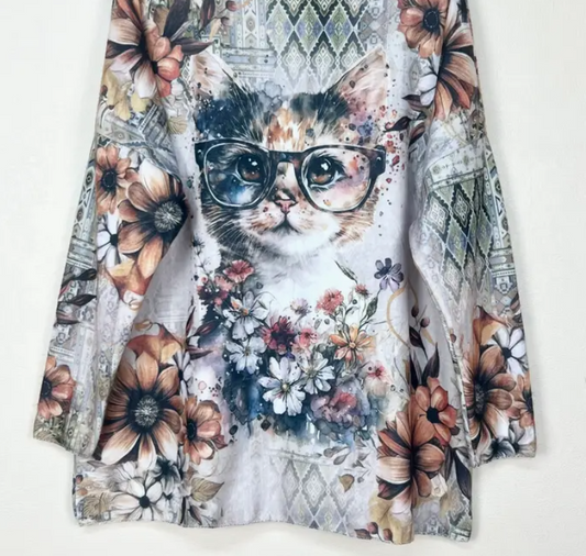 Cat in Glasses Floral Patterned V-Neck Sweater Long Sleeve One Size Fits Most - Made in Italy