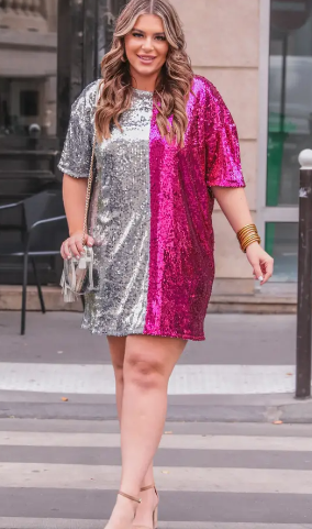 Center Stage Pink & Silver Sequin Dress