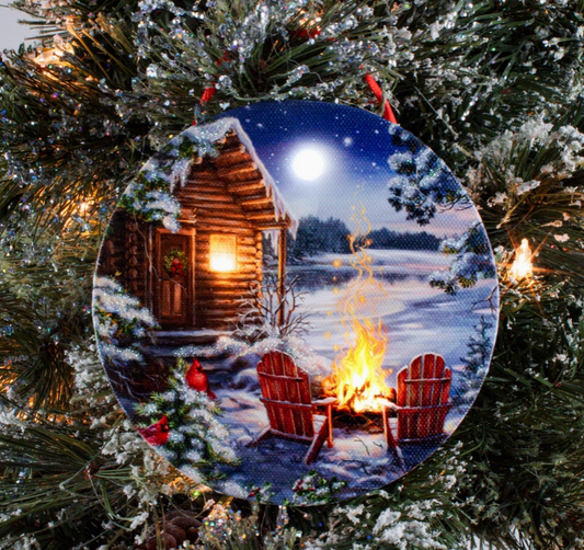 Christmas At the Lake Led Canvas Print Cabin Fire Snow Cardinal Ornament
