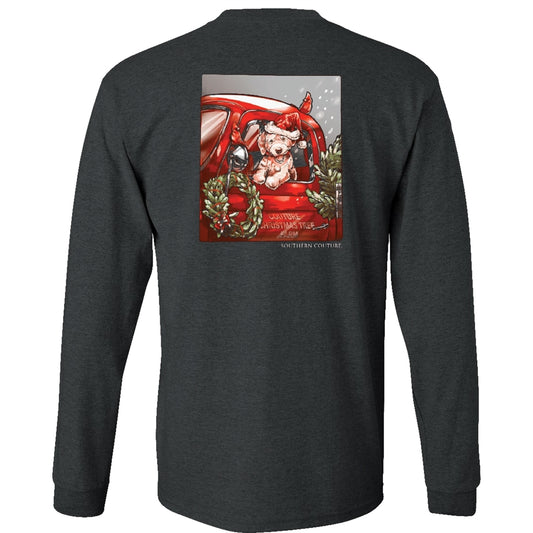 Christmas Truck Puppy on Dark Heather Southern Couture Long Sleeve Tee