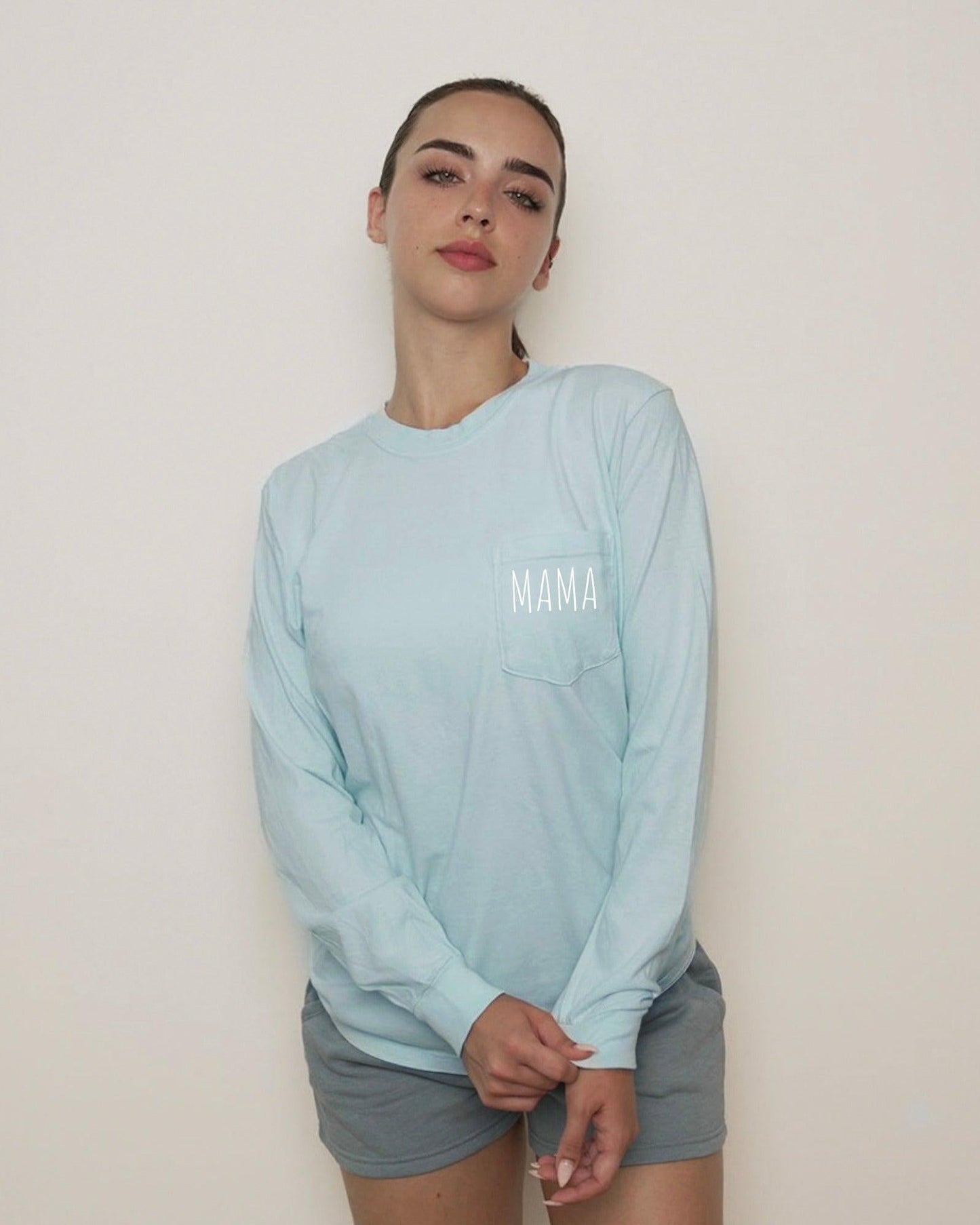 Comfort Colors Mama mom Pocket Long Sleeve Shirt (Cute)