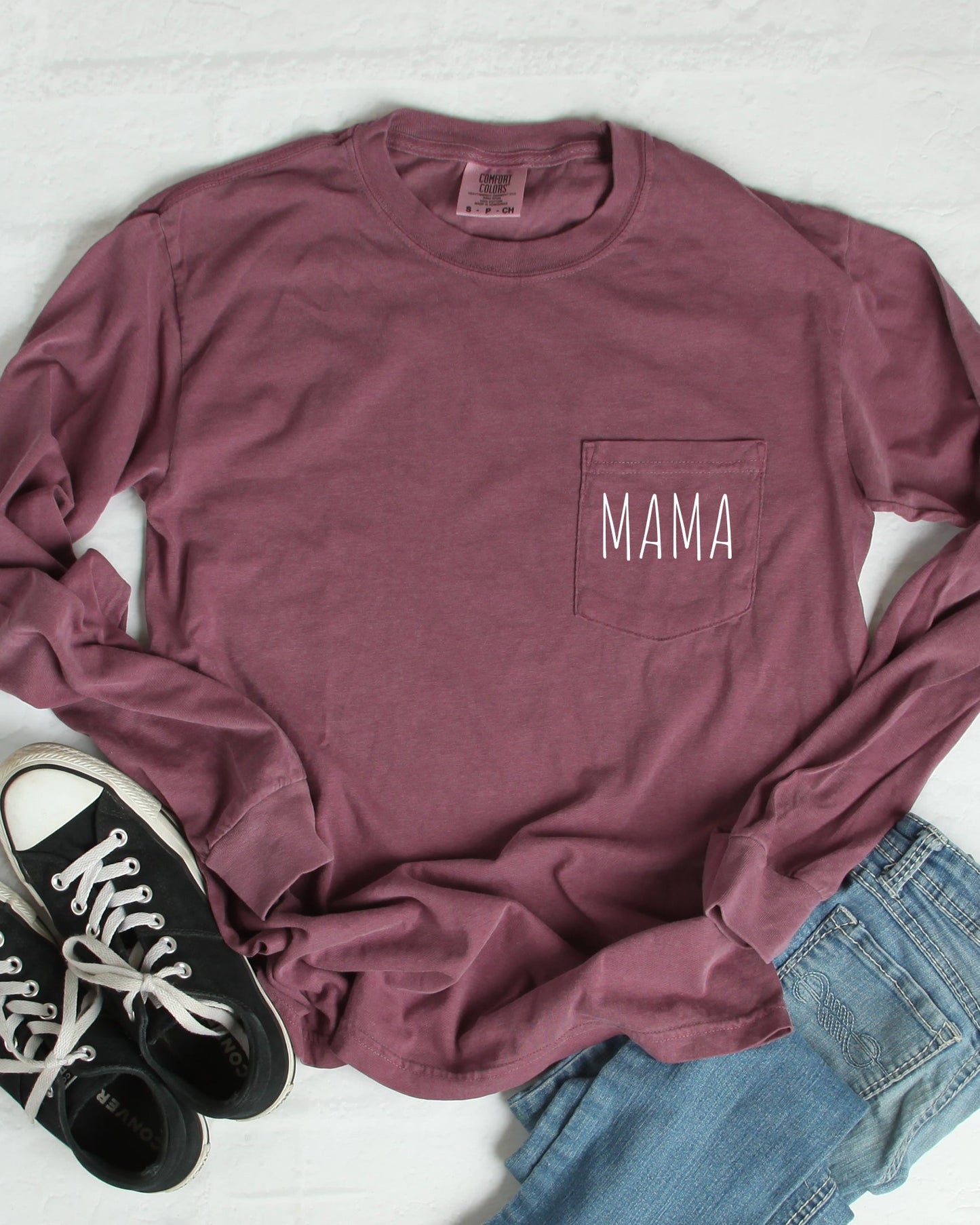Comfort Colors Mama mom Pocket Long Sleeve Shirt (Cute)