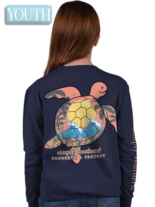 Conserve and Protect Tracking Sea Turtle YTH Long Sleeve Tee - #SIMPLYSOUTHERN - YTH-LS-TRACKT3-WAVES-ECLIPSE