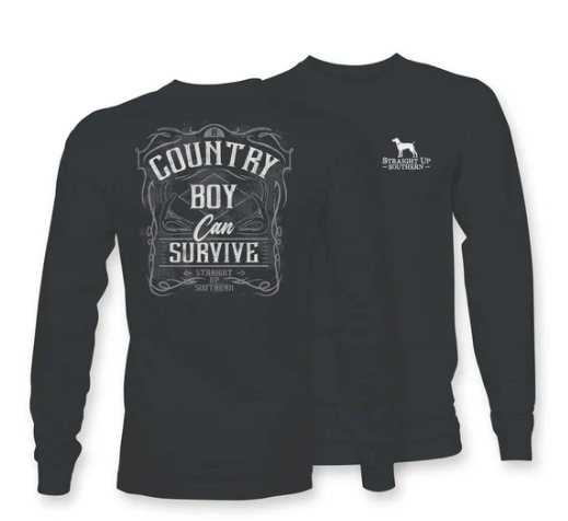 A Country Boy Can Survive Straight Up Southern Long Sleeve Tee -Country Boy - 21746