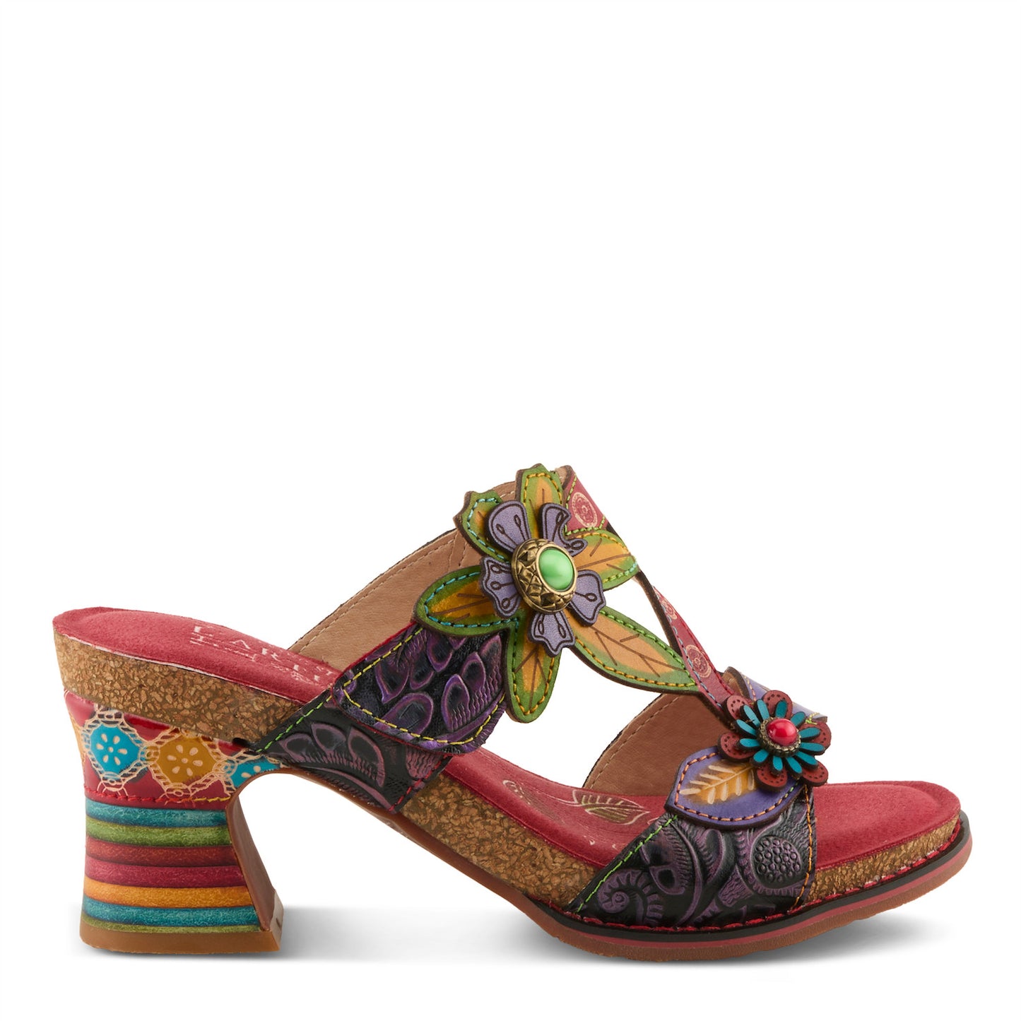 ROSSIE Red Multi Rainbow Heel Floral Sandal by L`ARTISTE