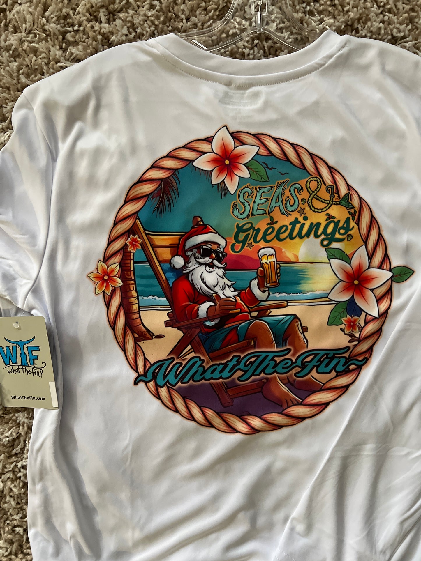 Santa Beach Beer Unisex White L/S Performance UPF Fishing Clothing Top from What The Fin
