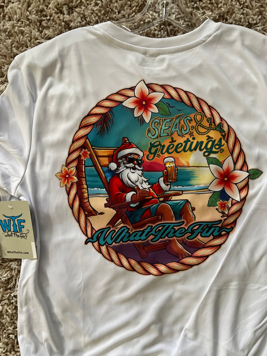 Santa Beach Beer Unisex White L/S Performance UPF Fishing Clothing Top from What The Fin