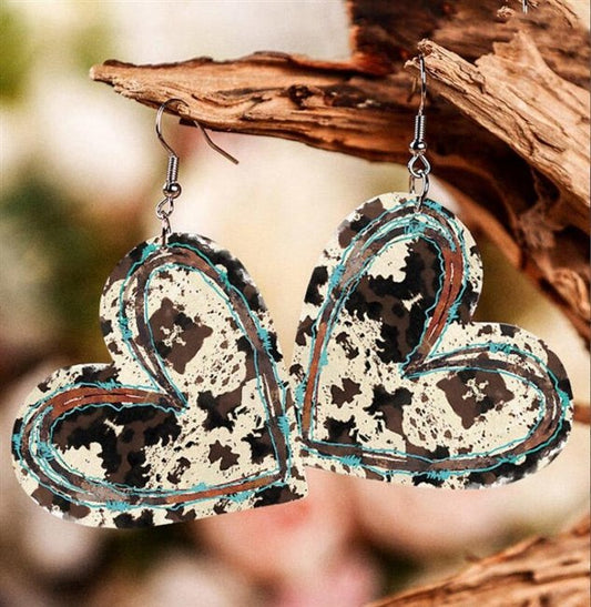 Cow Print Patch Heart Leather Earring
