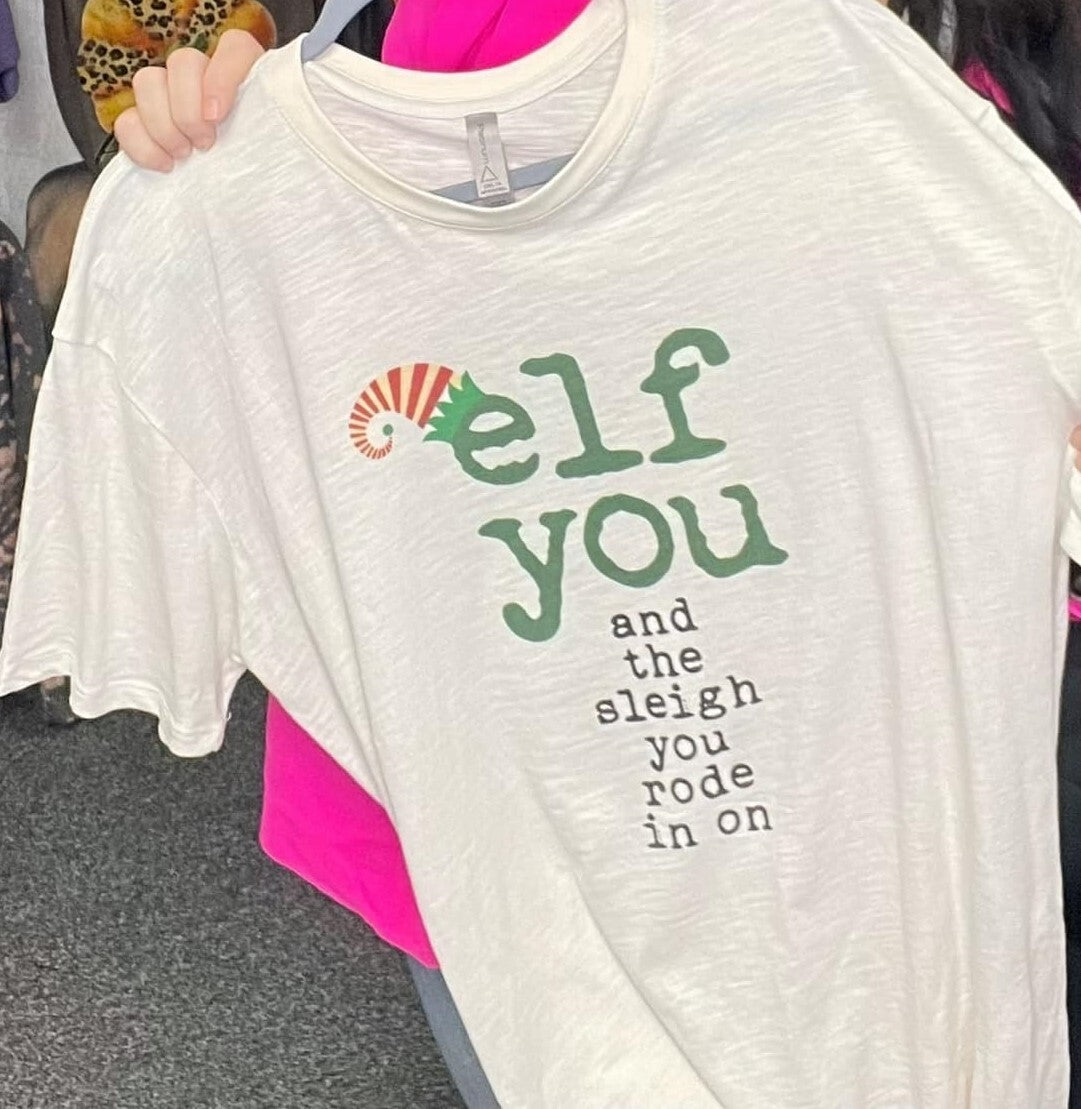 ELF YOU AND THE SLEIGH YOU RODE IN ON SHORT SLEEVE TEE- DELTA OAT HEATHER