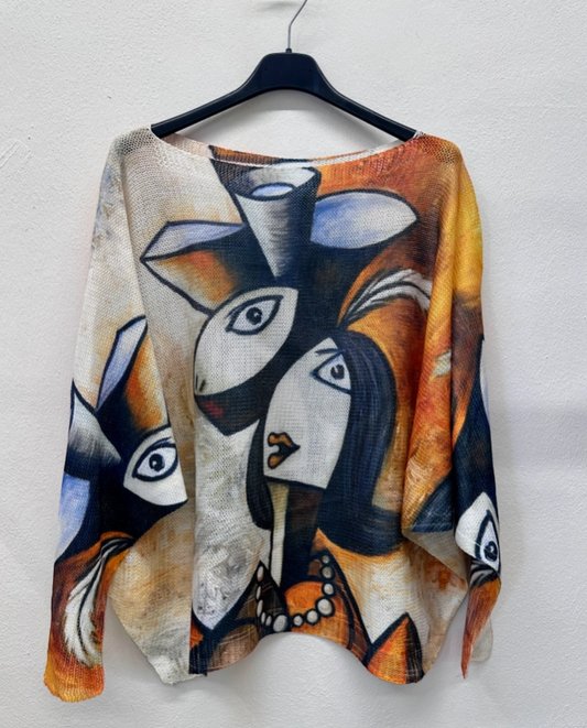 Faces Patterned Knit Sweater Boat Neck Long Sleeve One Size Fits Most - Made in Italy