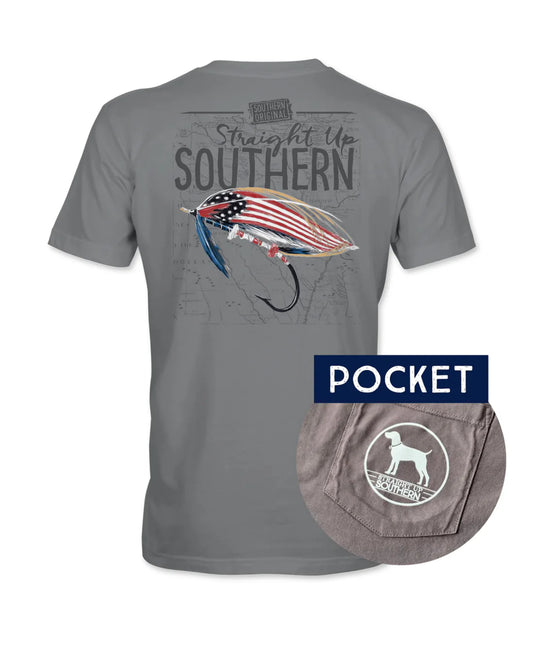 American Lure - American Flag Fly Lure Pocketed Oxford Grey Tee by Straight Up Southern - Short Sleeve Pocket Tee