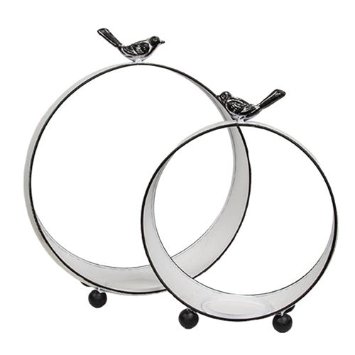 2/Set - Round White Metal Bird Topped Pillar Lanterns