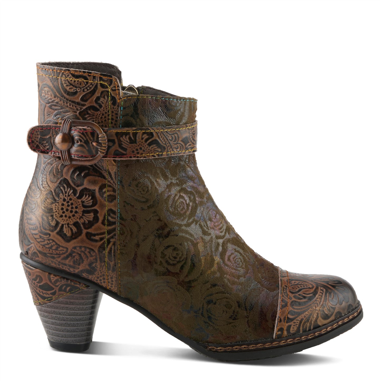 ANTILLES - Olive - Floral Details And Vintage-inspired Belt Buckle Boot by L`ARTISTE