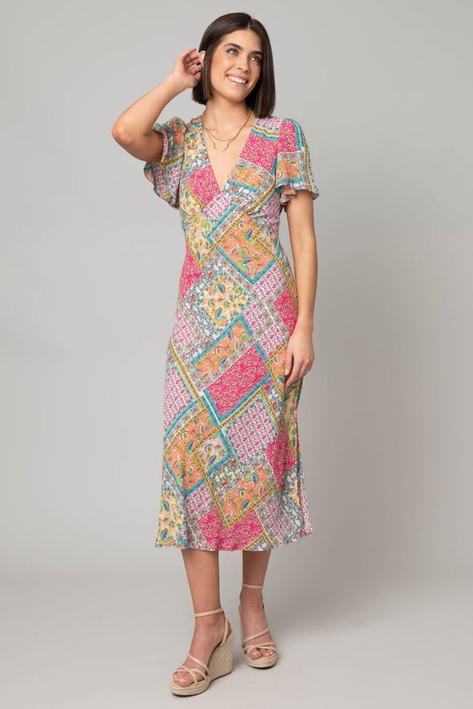 Georgette Patchwork V-Neck Maxi Dress Orange/Pink/Yellow by Emma & Michelle