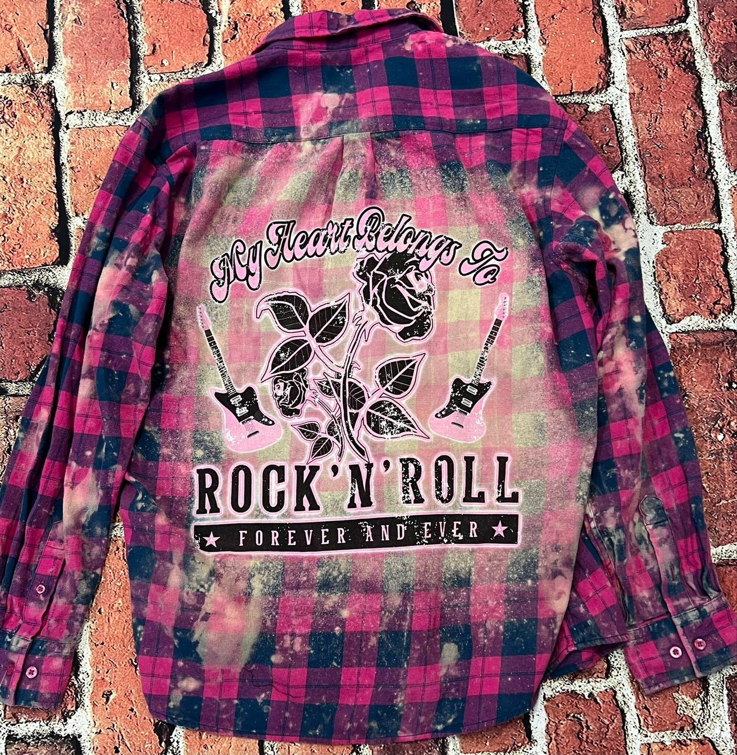 HEART BELONGS TO ROCK & ROLL - PINK BERRY FLANNEL LONG SLEEVE TOP BACK PATCH SPLATTER