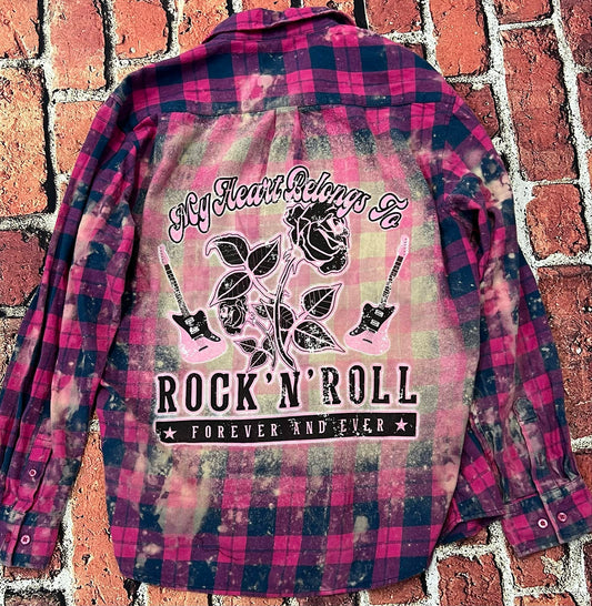 HEART BELONGS TO ROCK & ROLL - PINK BERRY FLANNEL LONG SLEEVE TOP BACK PATCH SPLATTER