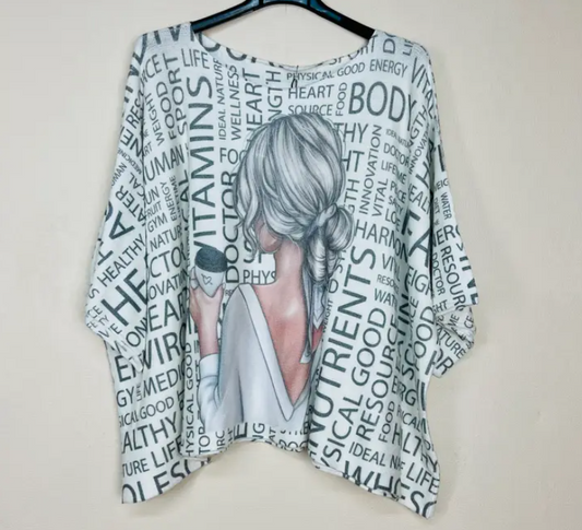 Heart Body Nutrients Vitamins Lady Updo & Coffee Poncho Sweater with Pattern 3/4 Sleeve One Size Fits Most - Made in Italy
