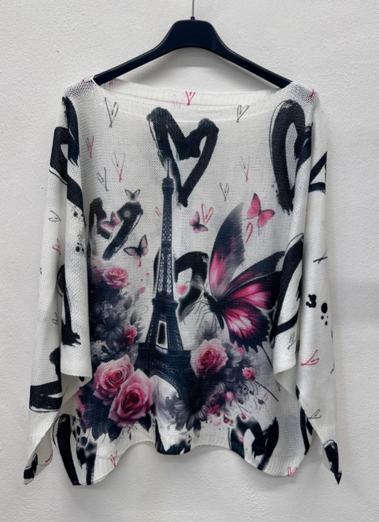 Hearts Butterflies & Tower Patterned Knit Sweater Boat Neck Long Sleeve One Size Fits Most - Made in Italy