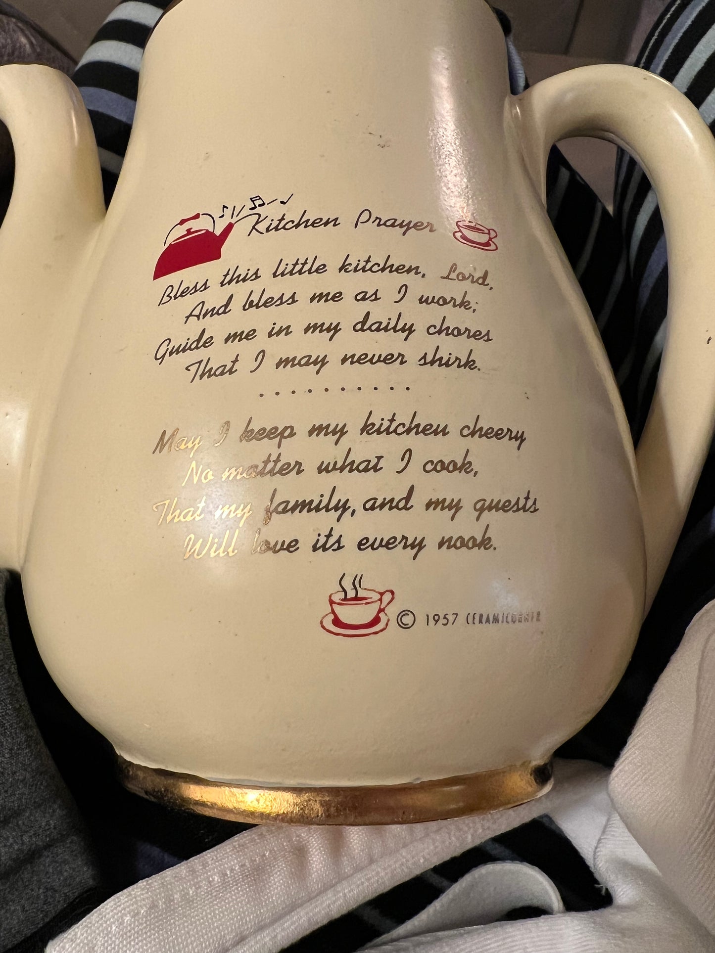 1957 Kitchen Prayer Teapot with Gold Accents Vintage