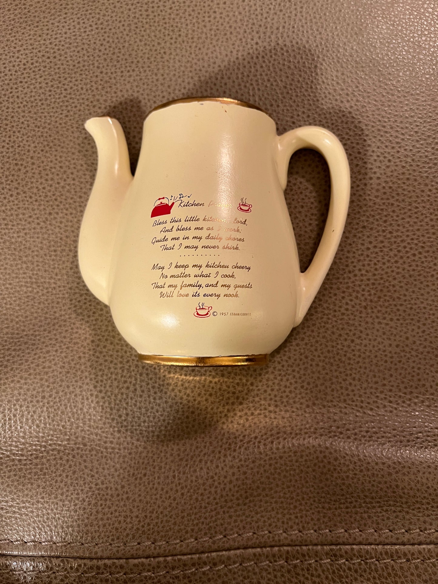 1957 Kitchen Prayer Teapot with Gold Accents Vintage
