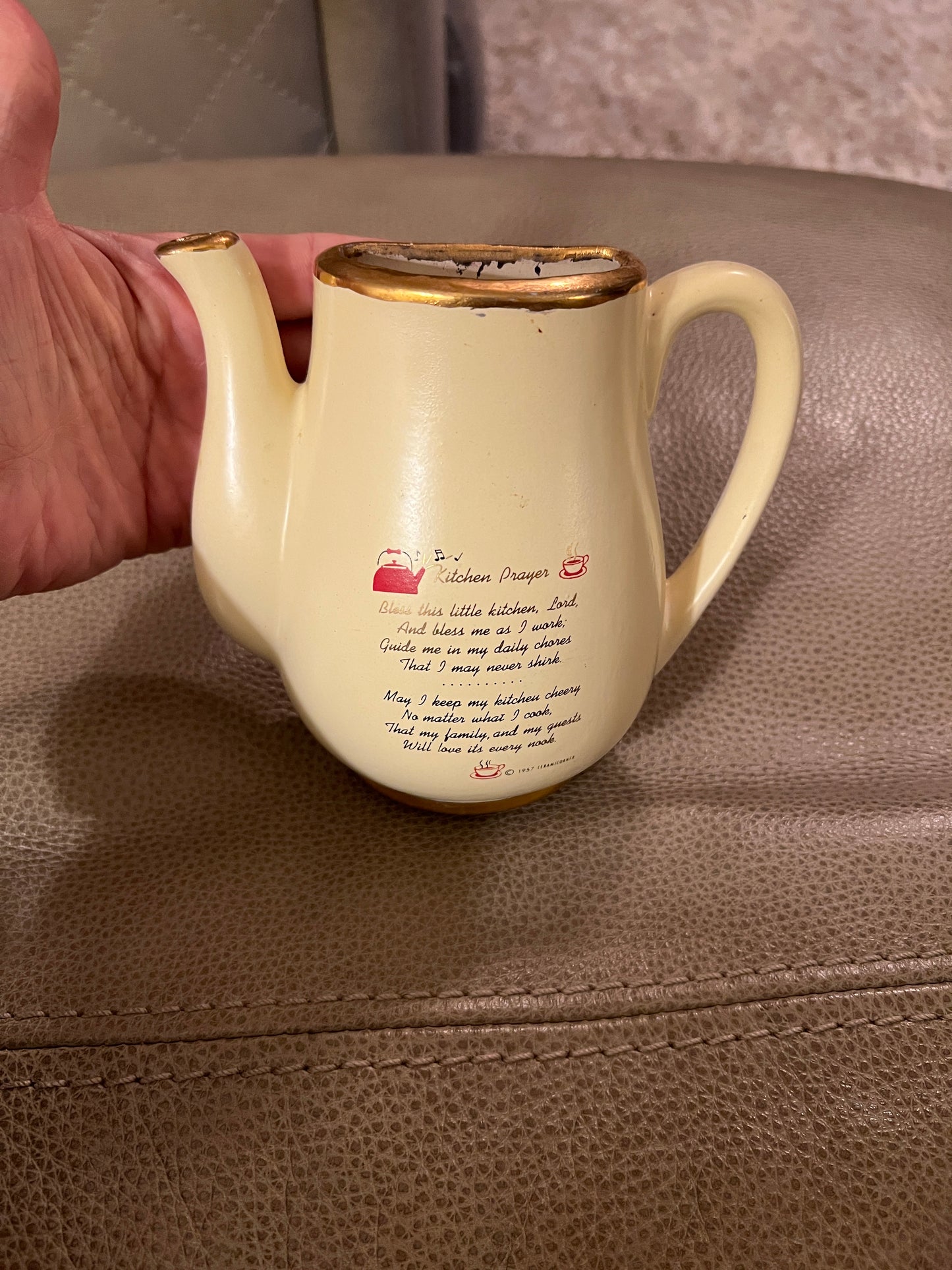 1957 Kitchen Prayer Teapot with Gold Accents Vintage
