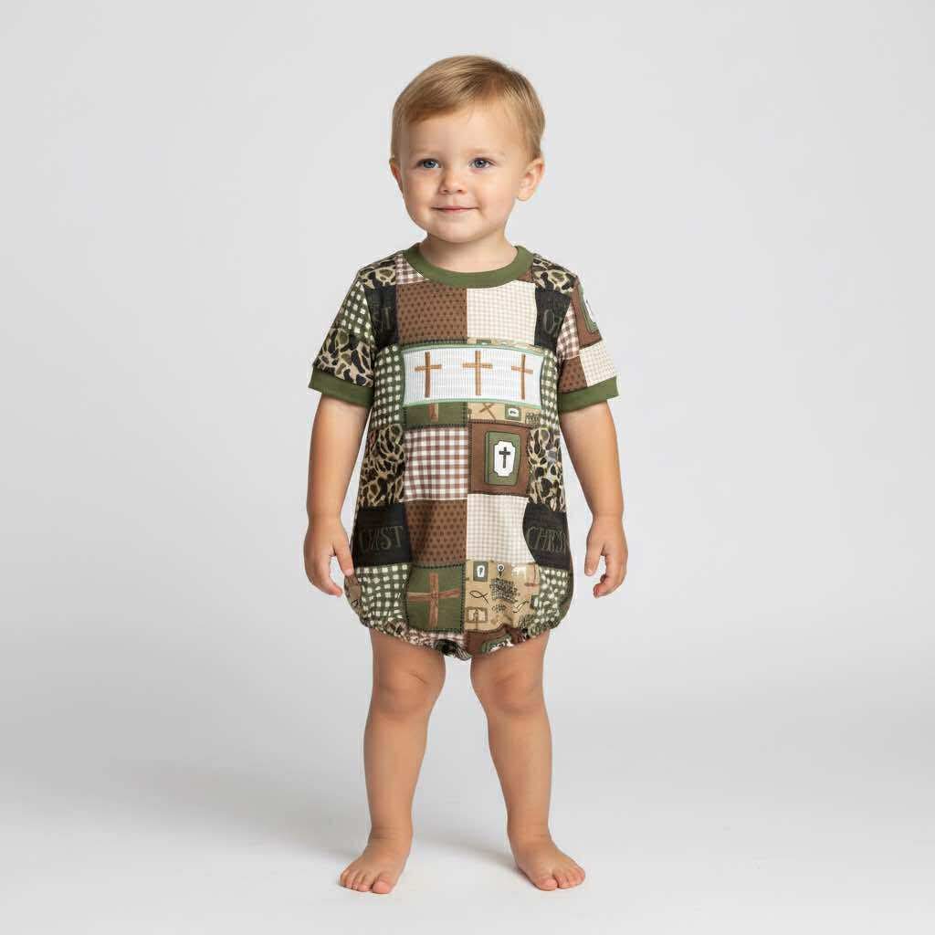 Smocked camo cross romper
