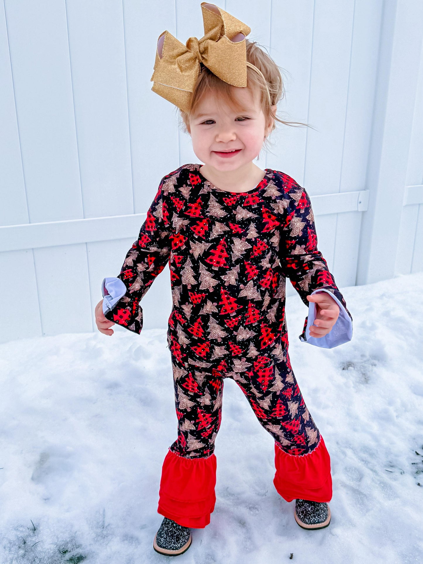 Buffalo Plaid trio trees two piece ruffle set