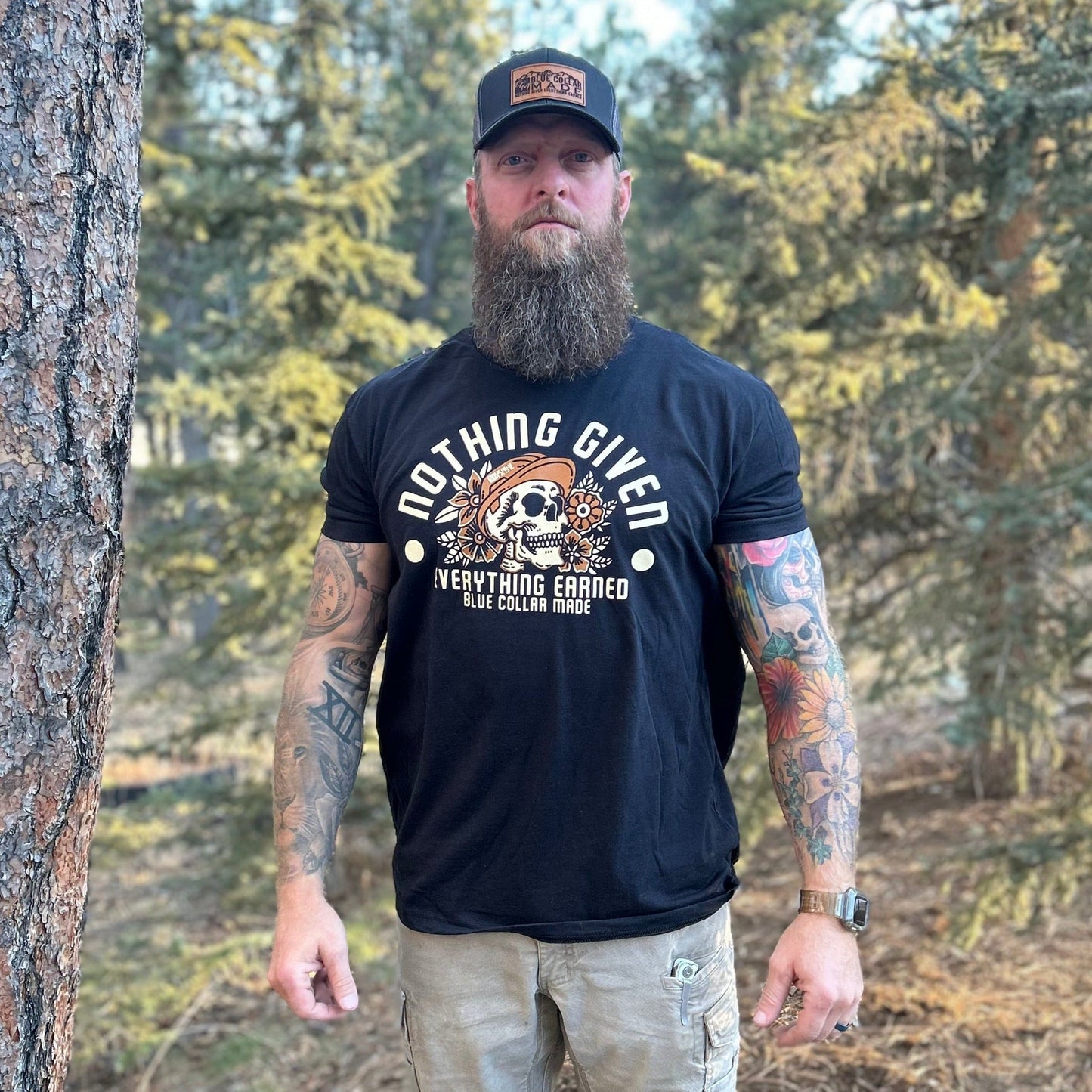 BCM Hardhat Skull nothing given everything earned blue collar dollar hardhat skull tee