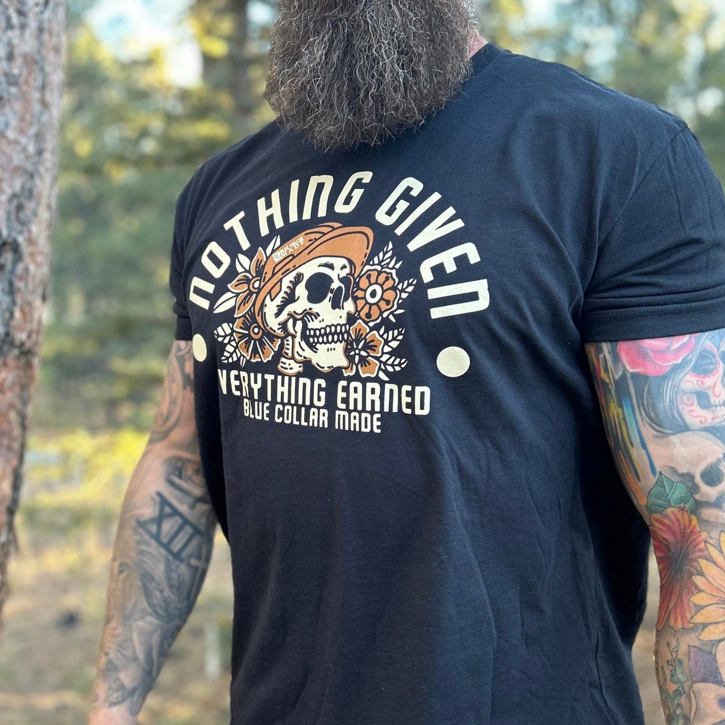 BCM Hardhat Skull nothing given everything earned blue collar dollar hardhat skull tee