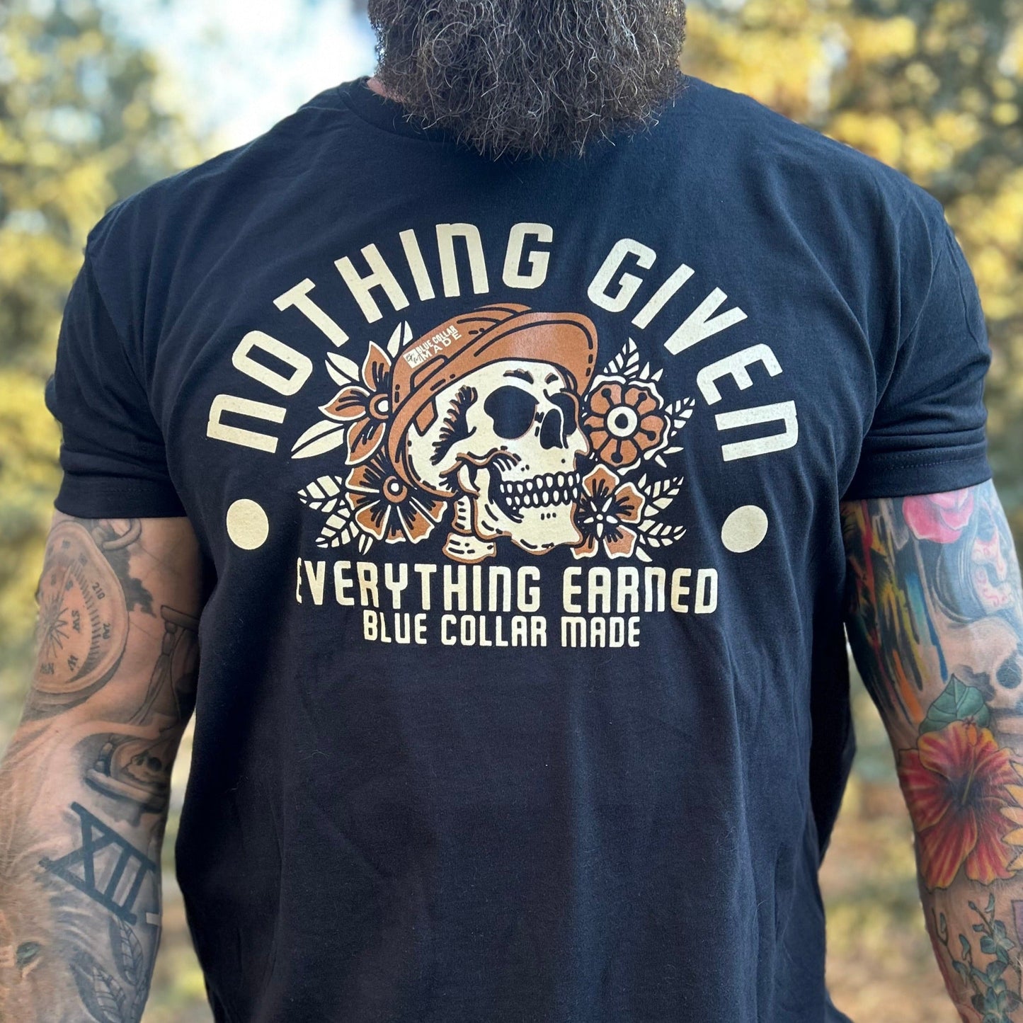 BCM Hardhat Skull nothing given everything earned blue collar dollar hardhat skull tee