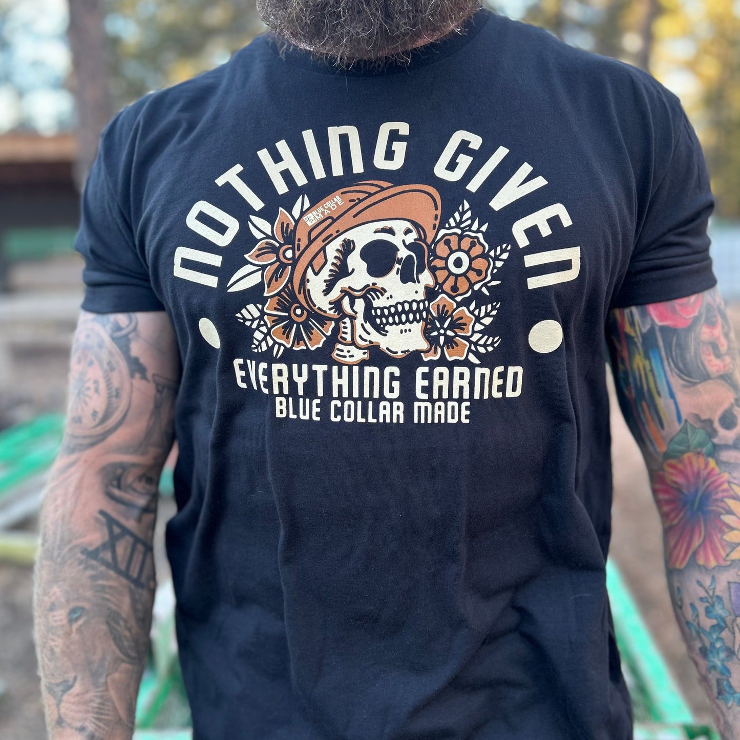 BCM Hardhat Skull nothing given everything earned blue collar dollar hardhat skull tee