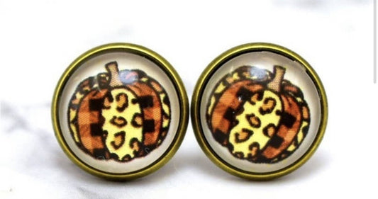Leopard Plaid Pumpkin Photo Stud Earrings