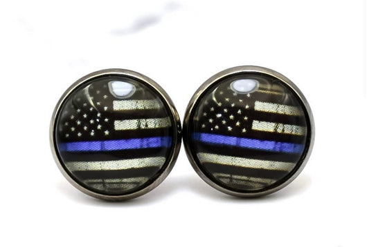 Thin Blue Line Distressed Flag Photo Stud Earrings