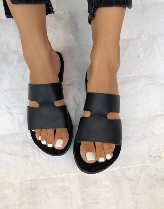 Black 100% Genuine Leather Slides