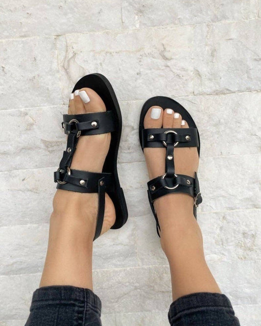 Black w/ Silver Gladiator 100% Greek Leather Sandals
