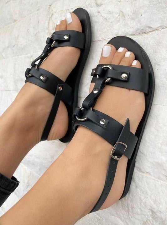 Black w/ Silver Gladiator 100% Greek Leather Sandals