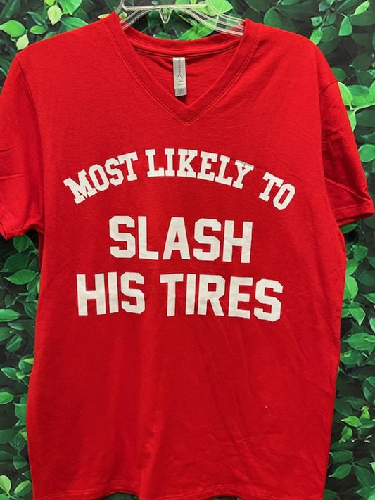 Most Likely To Slash Tires Delta VNeck Heather Red Tee