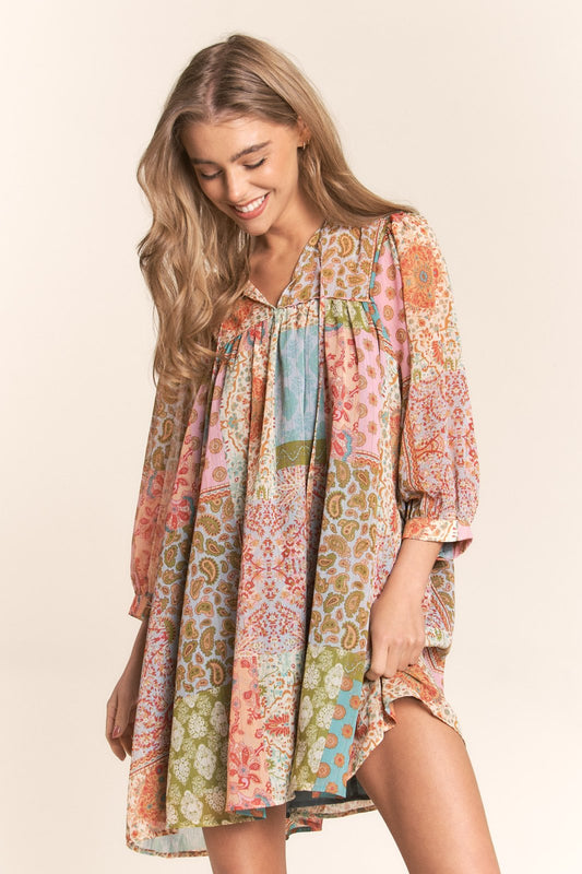 Multi Print Long Sleeve Chiffon Spring Boho Dress by J.NNA