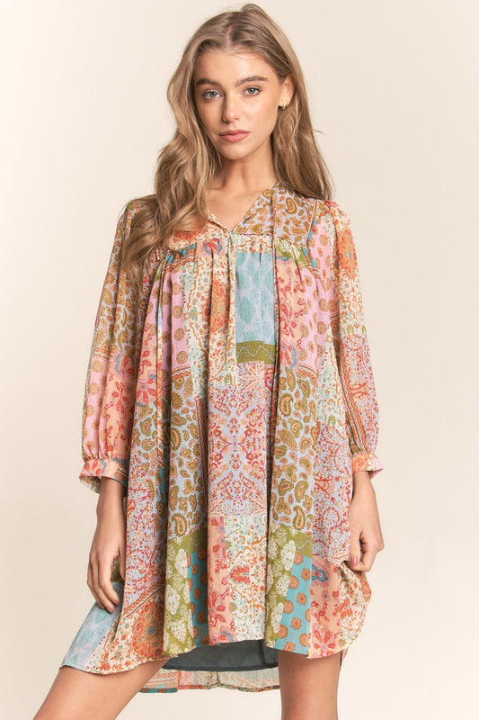 Multi Print Long Sleeve Chiffon Spring Boho Dress by J.NNA