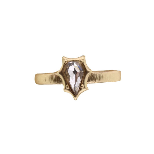 GOLD BAND WITH CLEAR TEARDROP CRYSTAL AND RAISED EDGES RING by Jane Marie