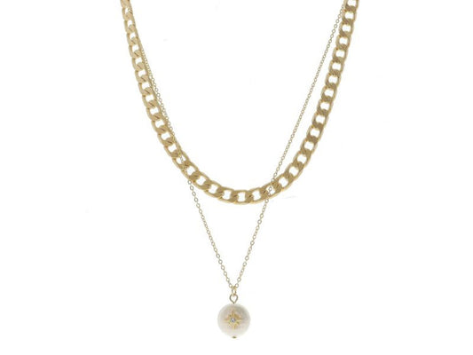 2 STRAND CURB CHAIN CABLE CHAIN WITH PEARL AND CRYSTAL STAR NECKLACE by Jane Marie