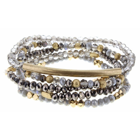 5 STRAND SET WITH GREY AND HEMATITE BEADS WITH GOLD BAR CHARM BRACELET by Jane Marie