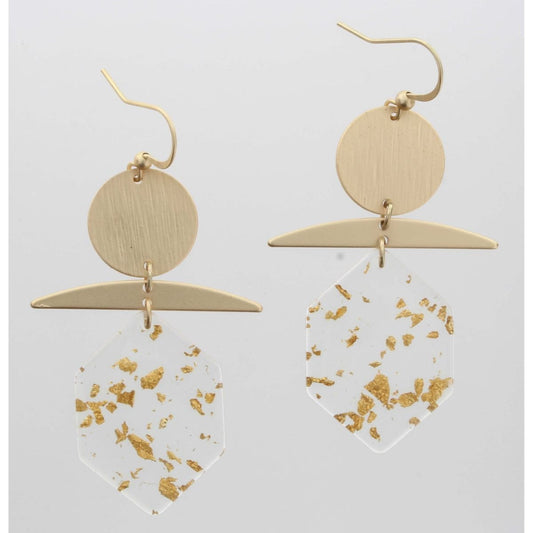 GOLD DISK WITH BAR & CLEAR WITH GOLD FLECK HEXAGON EARRING by Jane Marie