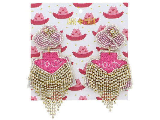 LIGHT PINK AND CRYSTAL BEAD COWGIRL HAT POST WITH PINK HOWDY JACKET WITH CRYSTAL FRINGE EARRINGS by Jane Marie