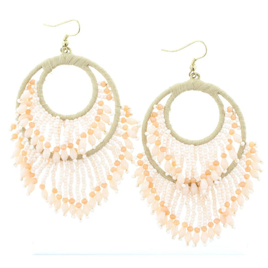 TAN WRAPPED DOUBLE CIRCLE EARRING WITH PEACH & NUDE BEADED DANGLES by Jane Marie