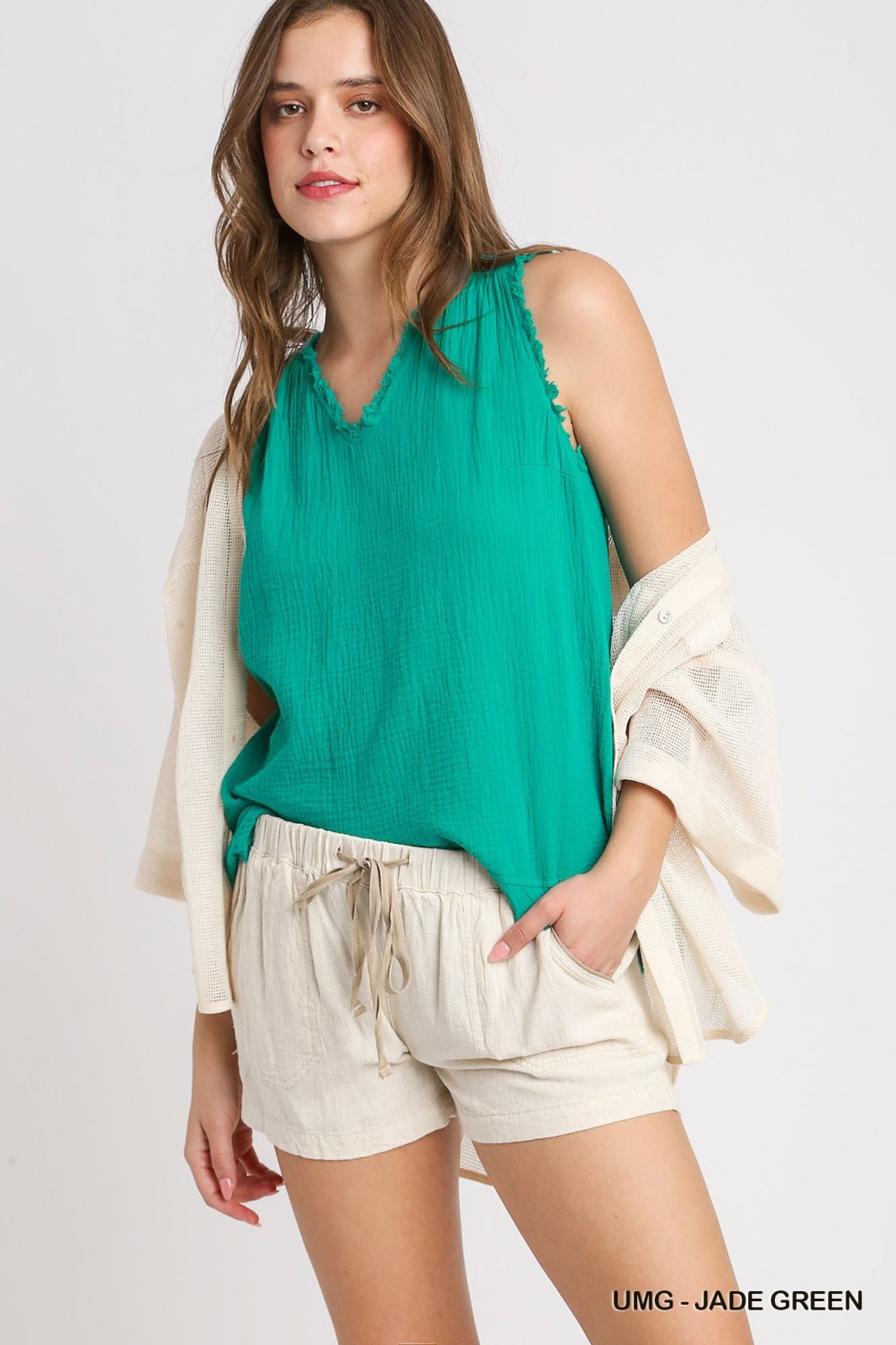 Small Jade Green Cotton Gauze V- Neck High Low Hem with Frayed Details