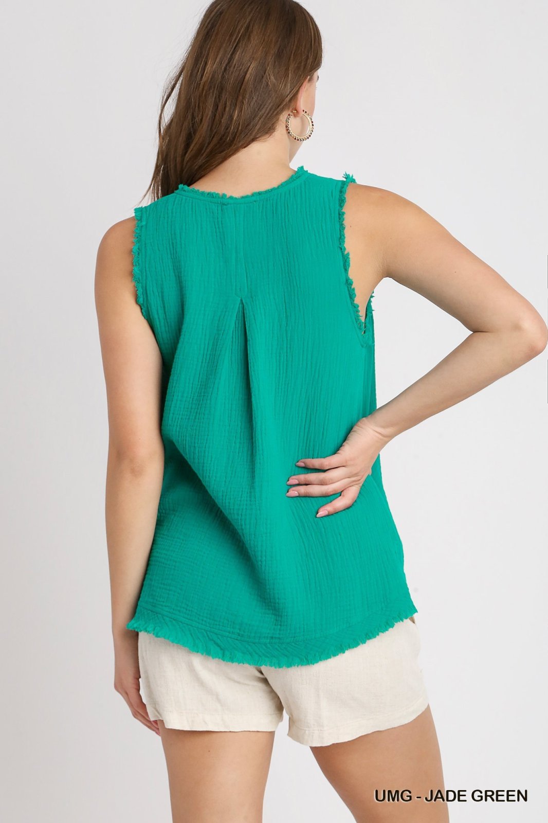 Small Jade Green Cotton Gauze V- Neck High Low Hem with Frayed Details