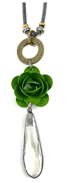 Short Enameled Flower & Pendant Drop Necklace